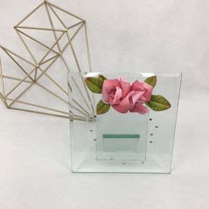 Etched Glass Picture Frame with Pink Ombre Ribbon Roses & Crystals